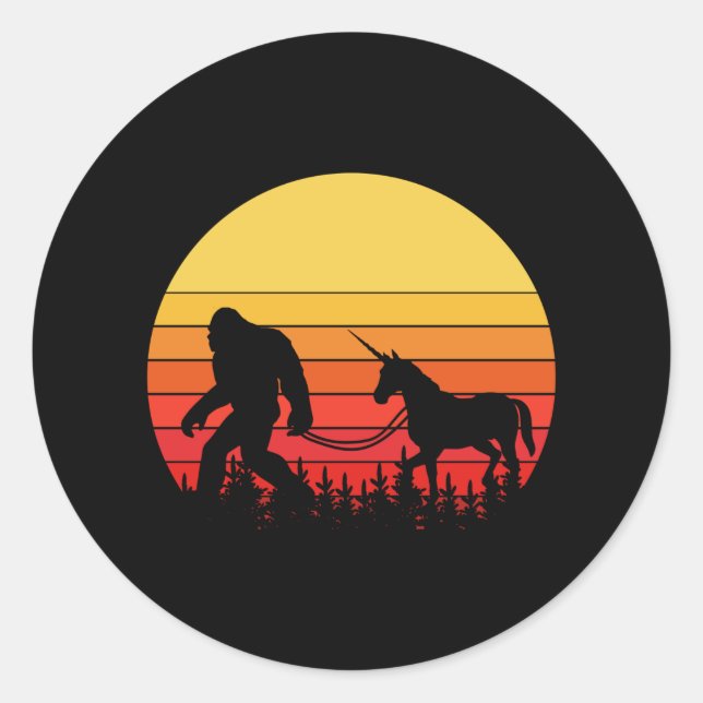 Sticker Rond Bigfoot et Unicorne dans une conception rétro (Devant)