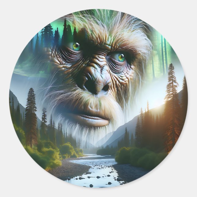 Sticker Rond Bigfoot, montagnes, rivière et forêt (Devant)