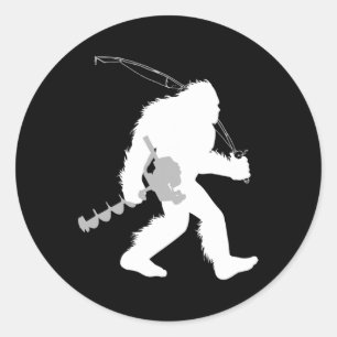 Sticker Rond Bigfoot Pêche Glace Yeti Pêcheur Avec Forage Un