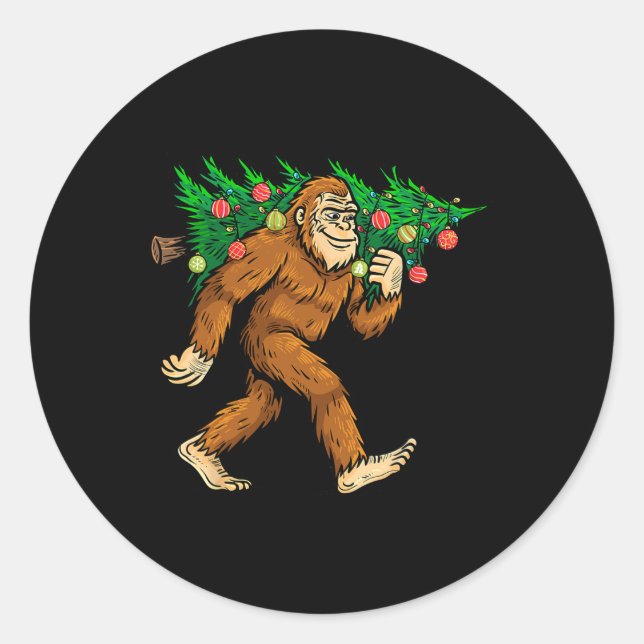 Sticker Rond Bigfoot portant Noël Arbre Sasquatch Croyant (Devant)