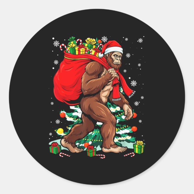 Sticker Rond Bigfoot Santa Carrying Christmas Bag Xmas Hat Sasq (Devant)