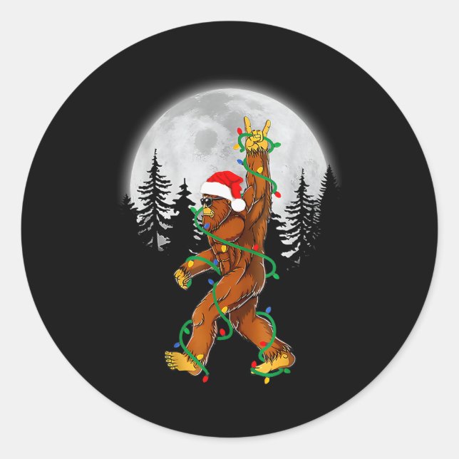 Sticker Rond Bigfoot Santa Christmas Tree Lights Funny Xmas Sas (Devant)