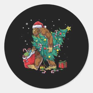 Sticker Rond Bigfoot sapin de Noël lumières Funny Noël Sasquata