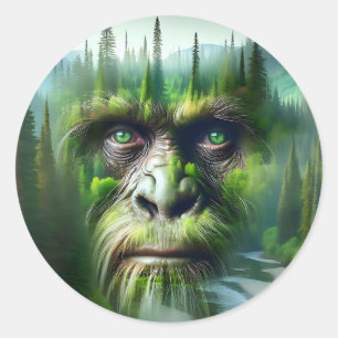 Sticker Rond Bigfoot Sasquatch Double exposition avec forêt