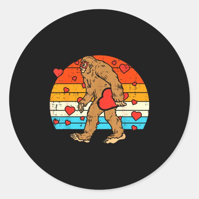 Sticker Rond Bigfoot Sasquatch Retro Heart Funny Valentines Day (Devant)