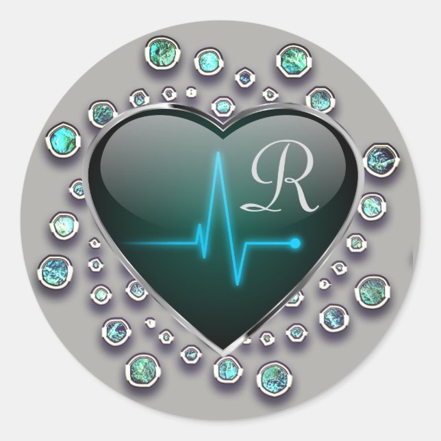 Sticker Rond Bijou coeur EKG look gris noir bleu médical (Devant)