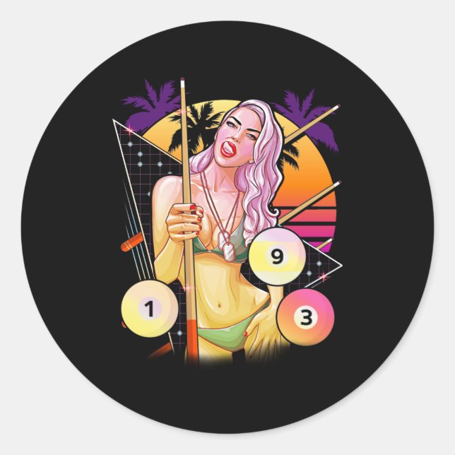 Sticker Rond Billiard Girl Vaporwave 80s 90s Snooker Pool (Devant)