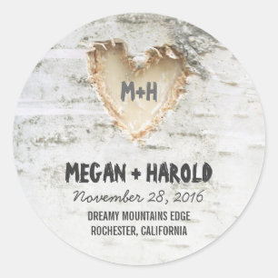 Sticker Rond Birch Tree Heart Rustic Mariage