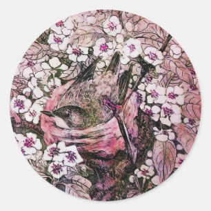 Sticker Rond BIRD NEST, violet blanc rose