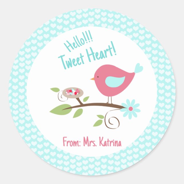 Sticker Rond Bird Valentine's Day Enfants Bonjour Tweet Coeur (Devant)