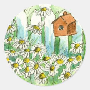 Sticker Rond Birdhouse Daisy Garden Aquarelle Fleurs