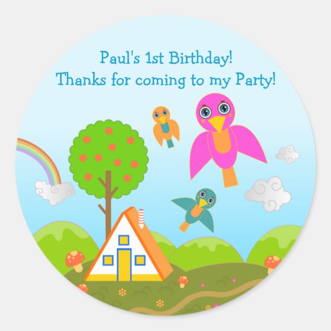 Sticker Rond Birds Birthday Party merci note (Devant)