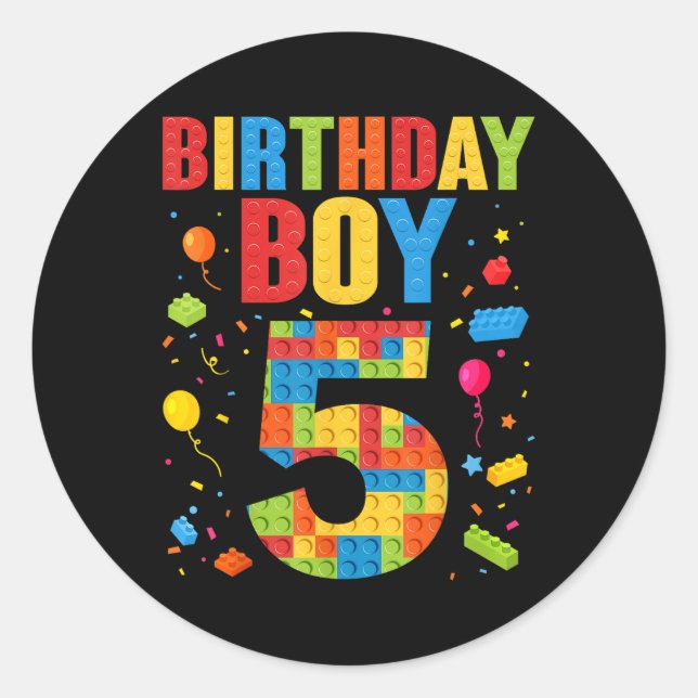 Sticker Rond Birthday Boy 5 Year Old Building Blocks 5th Birthd (Devant)