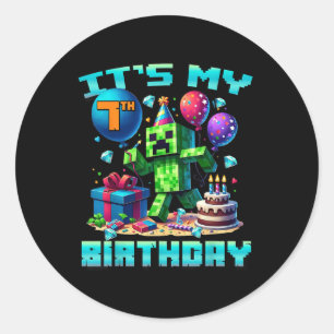 Sticker Rond Birthday Boy My 7th Birthday Gamer Pixel Numéros