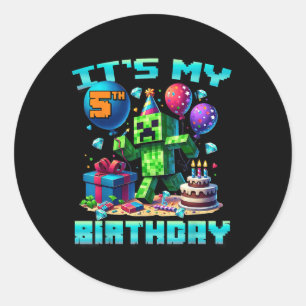 Sticker Rond Birthday Boy Son 5e Anniversaire Gamer Pixel Numér