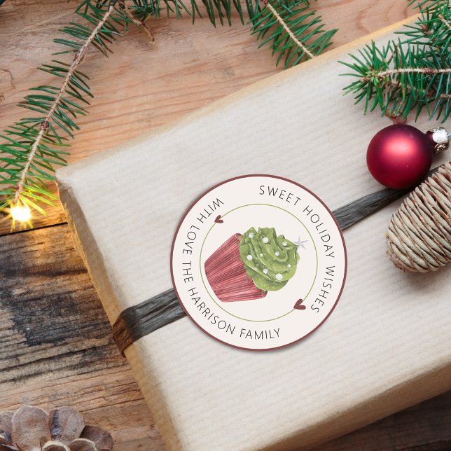 Sticker Rond Biscuit personnalisé avec vœux de vacances sucrés (Sweet Holiday Wishes Cupcake Personalized Classic Round Sticker)