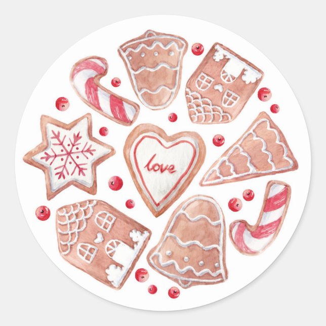 Sticker Rond Biscuits de Noël au Gingembre Aquarelle (Devant)