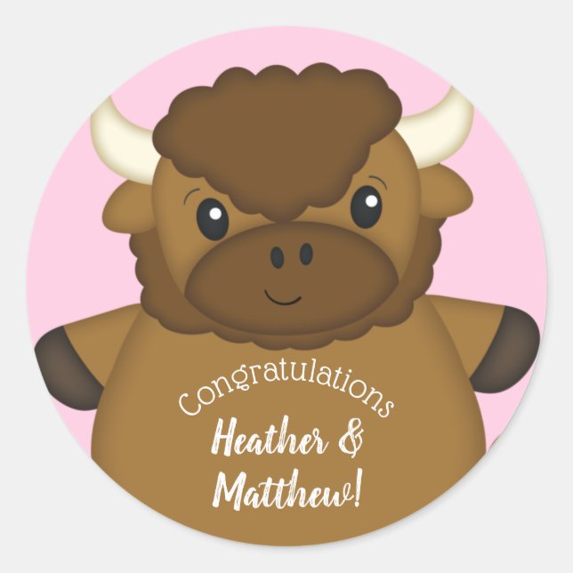 Sticker Rond Bison Baby shower Buffalo rose (Devant)