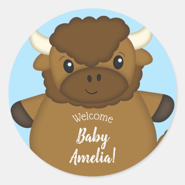 Sticker Rond Bison Buffalo Baby shower Bleu (Devant)