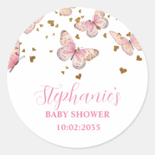 Sticker Rond Bisous de papillon rose et or Baby Shower 