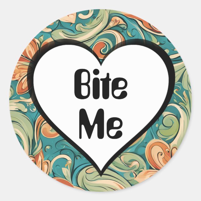 Sticker Rond Bite Me Funny Heart Tourbillonnant Retro Design (Devant)
