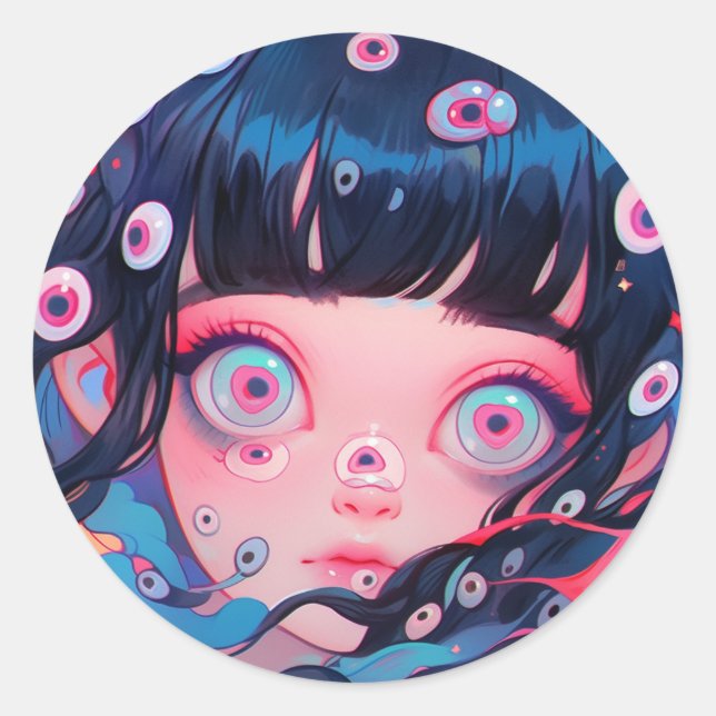 Sticker Rond Bizarre Déplaisante mignonne Anime Girl (Devant)
