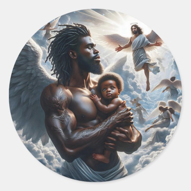 Sticker Rond Black African Angel man Avec bébé (Devant)