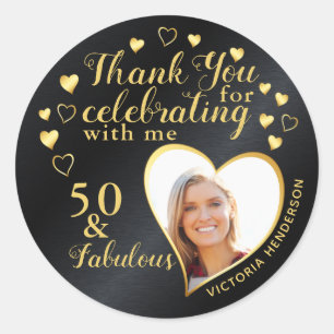 Sticker Rond Black and Gold 50th Birthday Party Merci