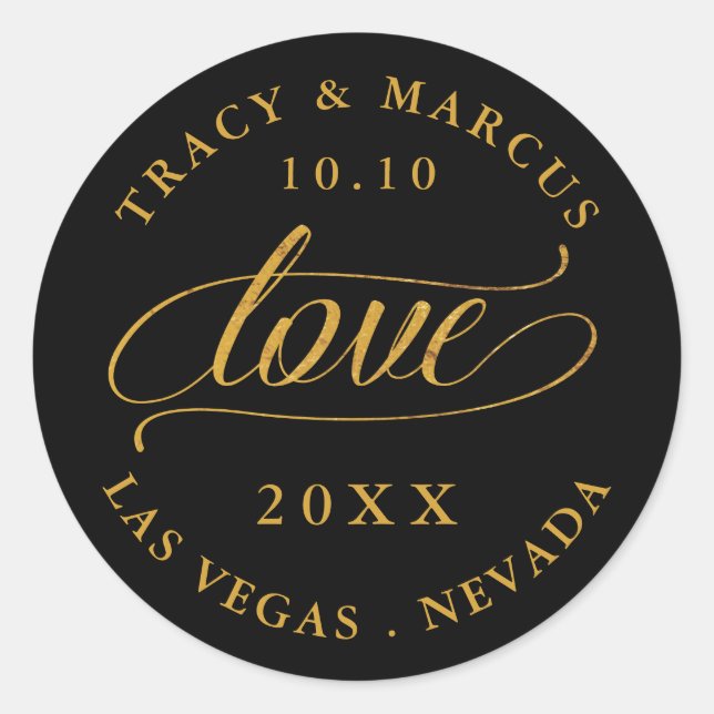 Sticker Rond Black and Gold Love Wedding Enregistrer la date (Devant)