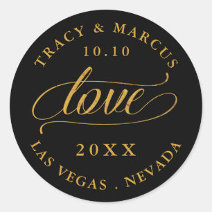 Sticker Rond Black and Gold Love Wedding Enregistrer la date