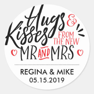 Sticker Rond Black and Red Hugs and Kisses from New Mr and Mrs.
