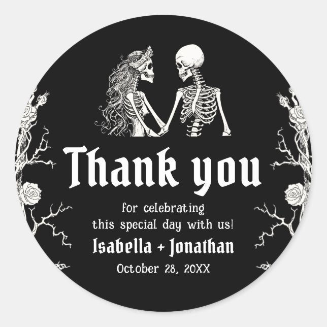 Sticker Rond Black and White Gothic Halloween Skeleton Wedding (Devant)