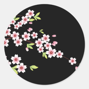 Sticker Rond Black avec rose et vert cerisier en fleurs Sakura