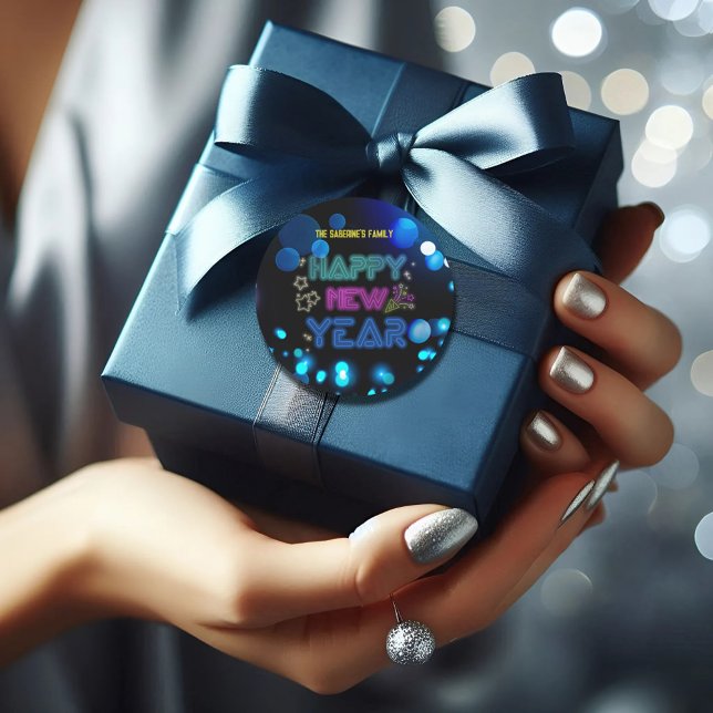 Sticker Rond Black & Blue Midnight Sparkle Neon Glow New Year  (Créateur téléchargé)