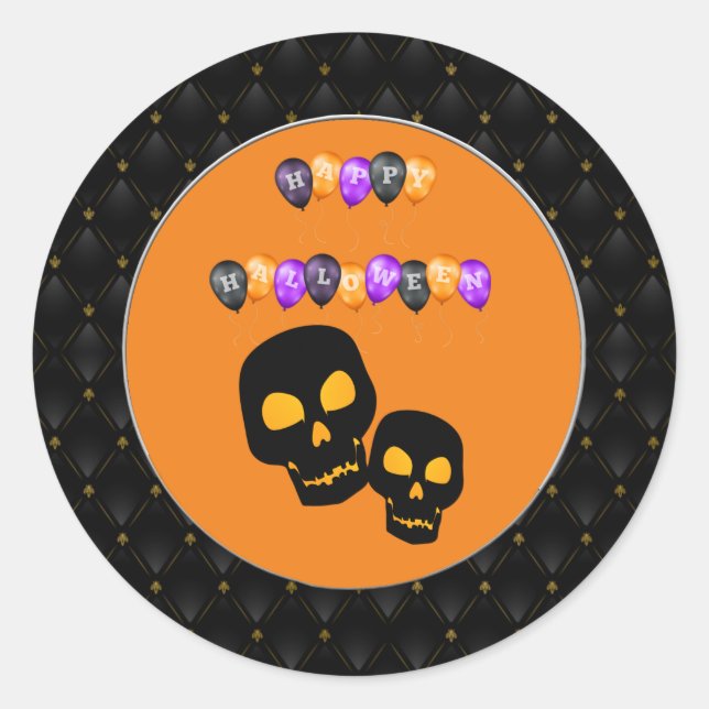 Sticker Rond Black Border Black Skuls Happy Halloween Ballons (Devant)