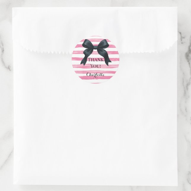 Sticker Rond Black Bow with Pink White Stripe Custom (Sac)