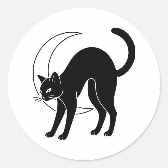 Sticker Rond Black Cat and Crescent Moon Line Art (Devant)