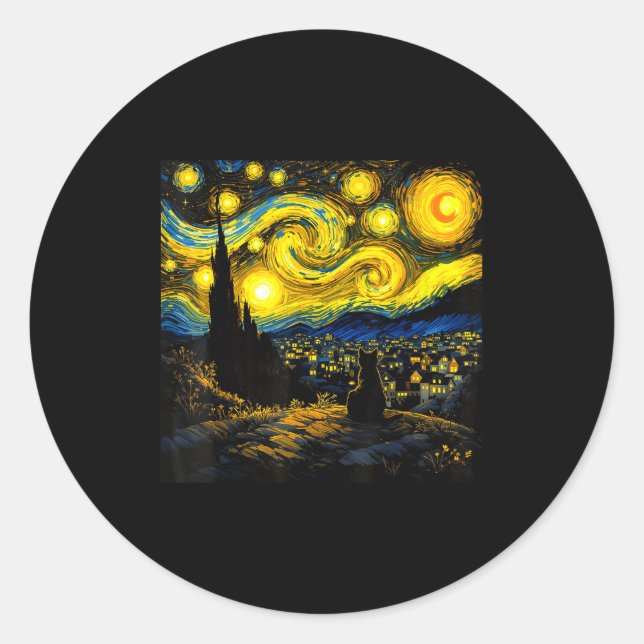 Sticker Rond Black Cat Funny Cat Lover Mom Daddy Starry Night V (Devant)