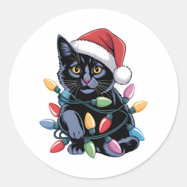 Sticker Rond Black Cat lumières Noël Amoureux des chats amusant (Devant)