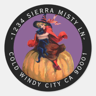 Sticker Rond Black Cat Witch Adresse de retour Halloween Vintag