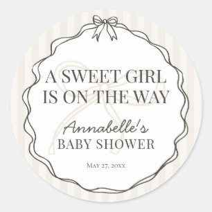 Sticker Rond Black Coquette Bow Beige Baby shower Invitation Se