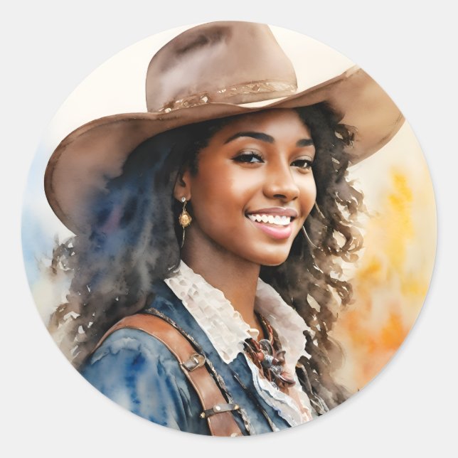 Sticker Rond Black Cowgirl Africaine Américaine Occidentale (Devant)