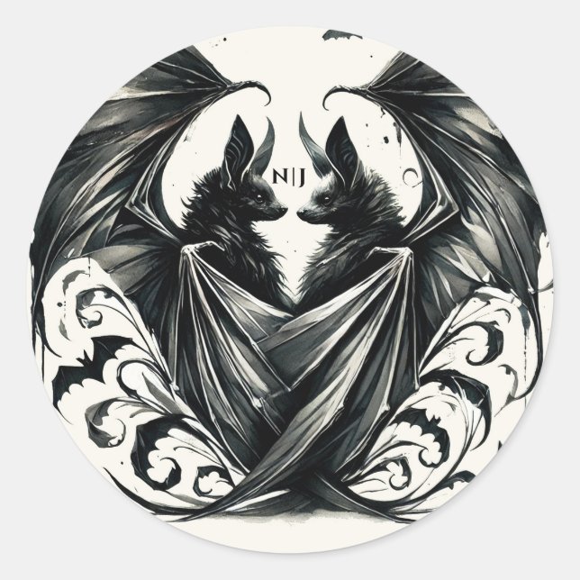 Sticker Rond Black Cream Argent Gothique Love Bats Mariage (Devant)