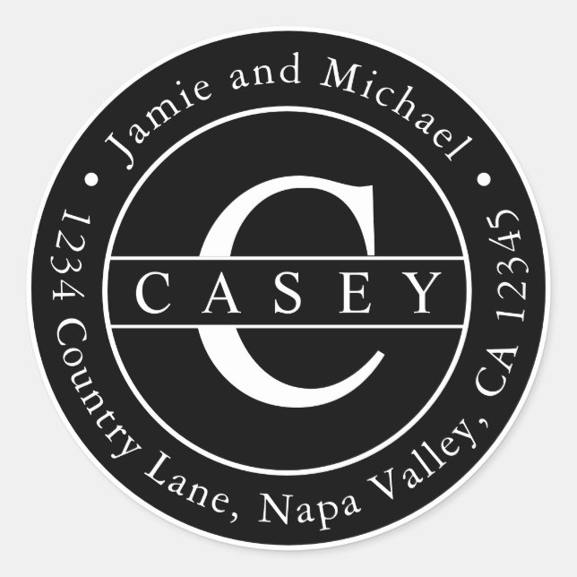 Sticker Rond Black Créez votre propre adresse de retour Monogra (Devant)