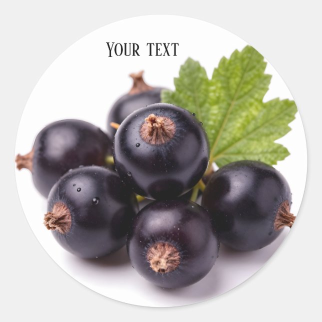 Sticker Rond Black Currants With Water Drops & Green Leaf (Devant)