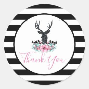 Sticker Rond Black Deer Head avec Fleurs et Montagnes Roses Mer