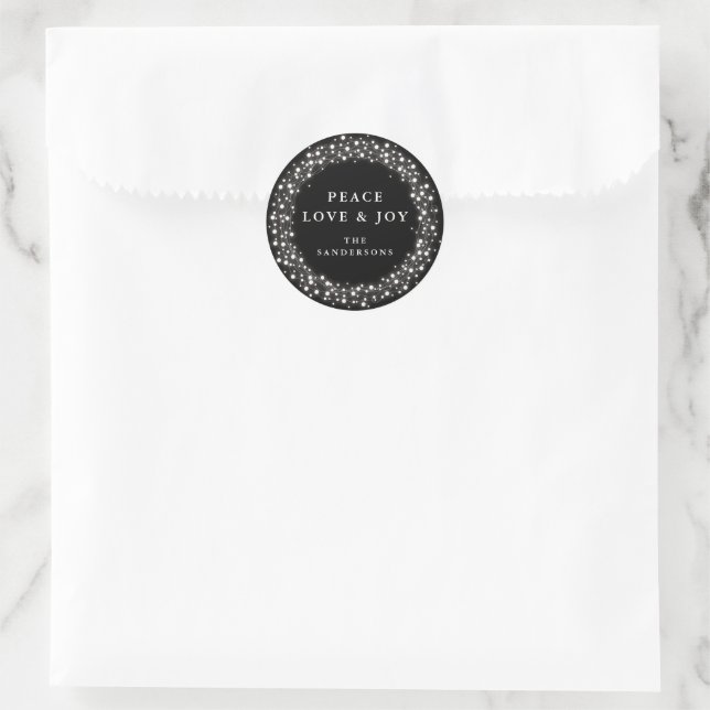 Sticker Rond Black Éclairage Paix Amour + Joie Noël (Sac)