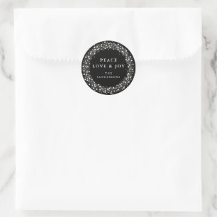 Sticker Rond Black Éclairage Paix Amour + Joie Noël