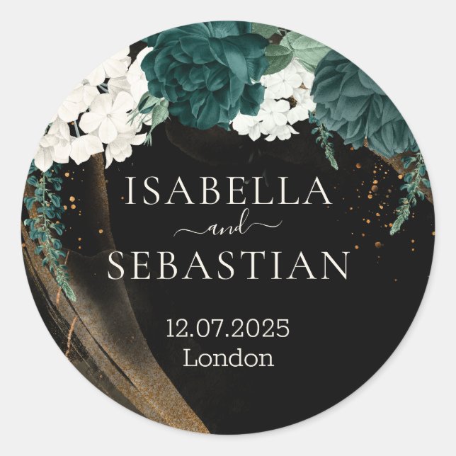 Sticker Rond Black Emerald Green Rose Floral Wedding (Devant)