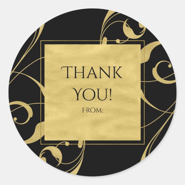 Sticker Rond Black & Faux Gold Floral Swirl Mariage élégant (Devant)